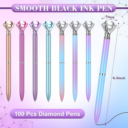 Sherr 100 Pack Big Crystal Diamond Pens Cute Ballpoint Pens Retractable Ballpoint Rhinestones Crystal Bling Gem Plated Black Gel Ink Office Supplies Gifts for Women(Fresh,Simple)