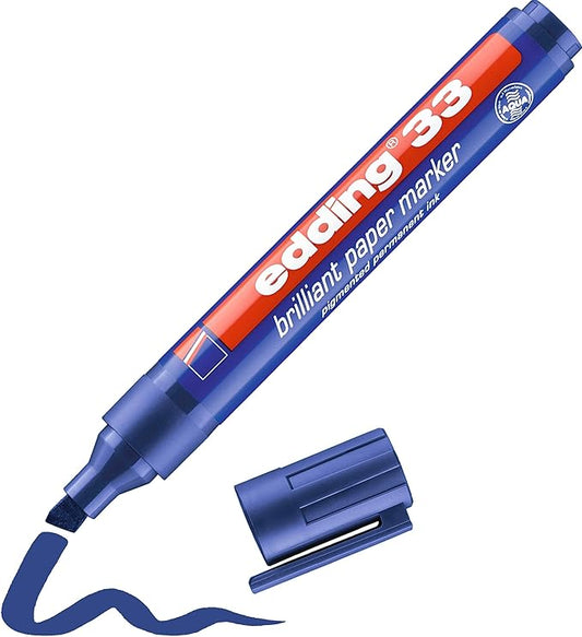 edding 33 brilliant paper marker - blue - 1 waterproof permanent marker - chisel nib 1-5 mm - vibrant colours - lightfast marking on paper, card, cardboard, plastic, metal and glass
