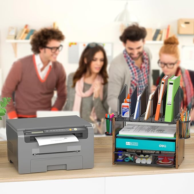 4-Tier Mesh Desk Organizer, Wooden Desk File Organizer with 5 Vertical File Holders and 2 Pen Holders, Desktop Organizers and Accessories with Drawer for Home Office