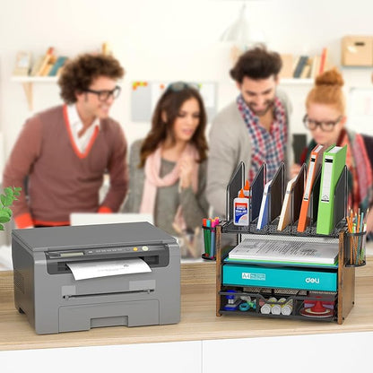 4-Tier Mesh Desk Organizer, Wooden Desk File Organizer with 5 Vertical File Holders and 2 Pen Holders, Desktop Organizers and Accessories with Drawer for Home Office