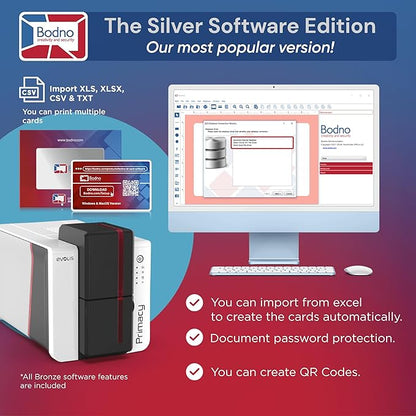 Bodno Evolis Primacy 2 Single Sided ID Card Printer & Complete Supplies Package Silver Edition ID Software
