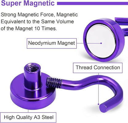 DIYMAG Magnetic Hooks Heavy Duty, 30Lbs Rare Earth Neodymium Magnet Hooks with Nickel Coating for Kitchen, Garage, Cruise, Classroom, Workplace and Office etc, (Purple，Pack of 3)