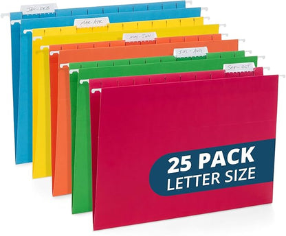 25 Blue Summit Supplies Assorted Colored Hanging File Folders Letter Size with Plastic Tabs, 12pt Paper Construction, Durable for Office Filing