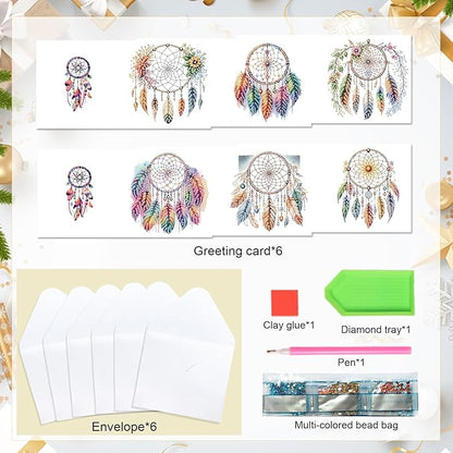 Tontut 6pcs Diamond Art Painting Kit Greeting Card, Feather Dreamcatcher 5D DIY Diamond Handmade Holiday Glitter Greeting Card with Envelope, Holiday Gift Congratulation