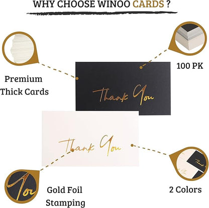 Gold Mini Thank You Cards Small Business - 100 PK - Flat Card No Fold, 2 x 3.5 Inches Thank You for Your Order Cards Thank You for Your Support Cards for Wedding Black and Off White Color