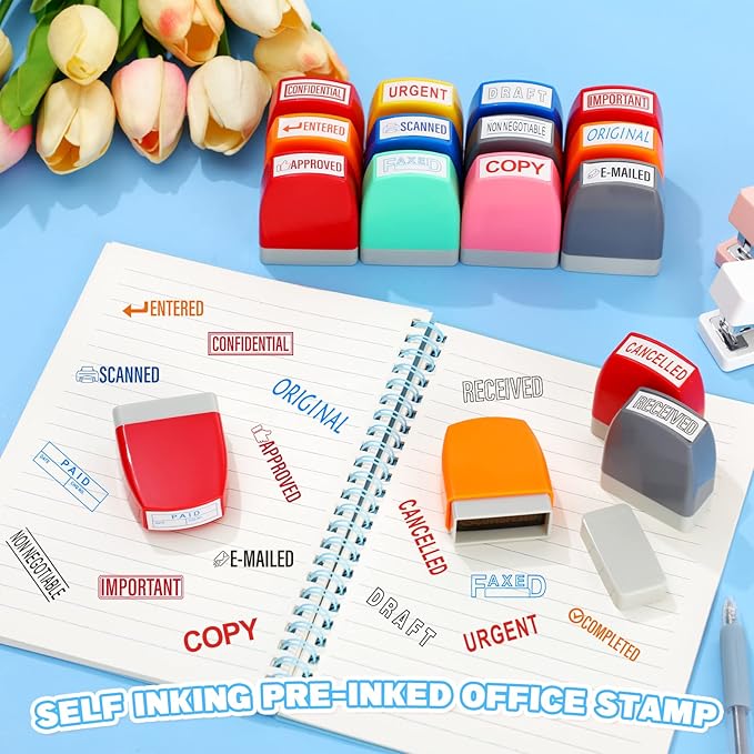 Crtiin 16 Pcs Office Stamp Set Message Self Inking Rubber Stamp Set for Office Stamps Completed Faxed Scanned Stamps for Message Supplies(Mixed Colors)