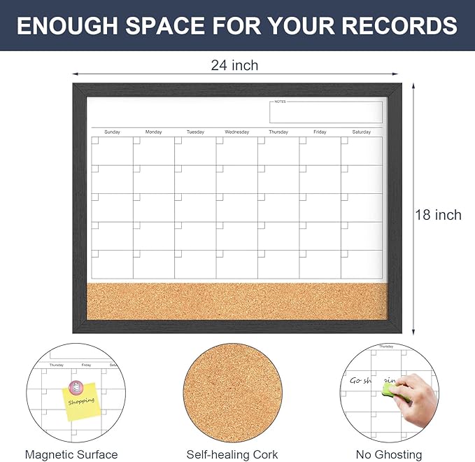 Dry Erase Calendar for Wall, 18x24 Inches Dry Erase Calendar Cork Board Combo, Magnetic White Board with Wood Framed, Hanging Dry Erase Board for Planner Home Office Kitchen Memo