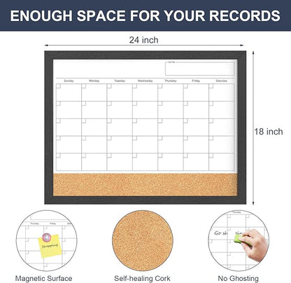 Dry Erase Calendar for Wall, 18x24 Inches Dry Erase Calendar Cork Board Combo, Magnetic White Board with Wood Framed, Hanging Dry Erase Board for Planner Home Office Kitchen Memo