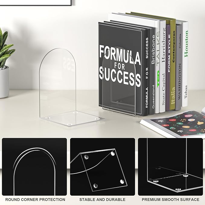 Acrylic Bookends 8 Pieces, Book Ends for Shelves, Clear Bookends for Book Shelves and Desktop Organizer, Transparent Bookends to Hold Books for Home Office Supplies