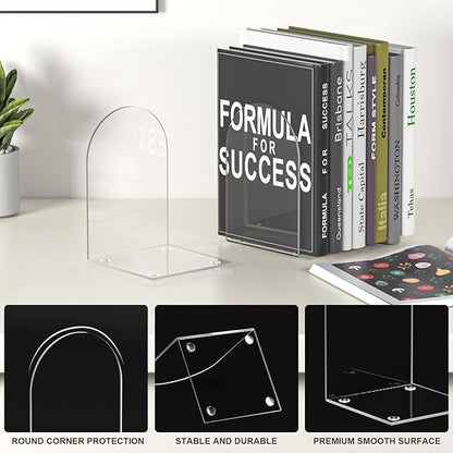 Acrylic Bookends 6 Pieces, Book Ends for Shelves, Clear Bookends for Book Shelves and Desktop Organizer, Transparent Bookends to Hold Books for Home Office Supplies