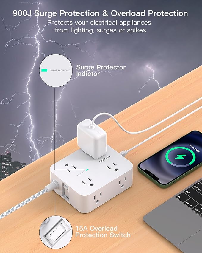 Extension Cord 20 Ft, Power Strip Surge Protector with 8 Outlets 4 USB Ports(2 USB C), Long Cord, Flat Plug, Wall Mount, Desk USB Charging Station for Home Office Essentials