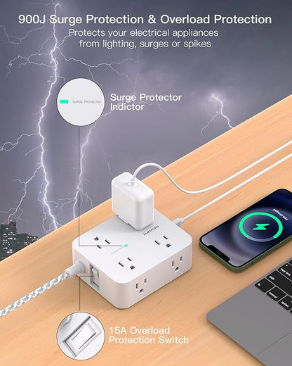 Extension Cord 20 Ft, Power Strip Surge Protector with 8 Outlets 4 USB Ports(2 USB C), Long Cord, Flat Plug, Wall Mount, Desk USB Charging Station for Home Office Essentials