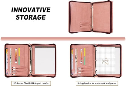AZXCG Portfolio for Women, 3 Ring Binder Padfolio, Vegan Leather Office Binders Portfolio, Zippered Business Binder Folio Organizer, A4 Legal Pads Clipboard Padfolio, Gift for Women/Girls, Pink