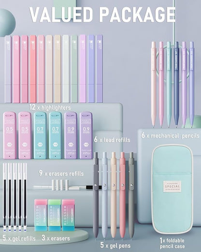 Four Candies 39 PCS Aesthetic School Supplies with Cute Pen Case, 12 Pastel Highlighters, 5 Black Ink Gel Pens, 6 Mechanical Pencils Set 0.5 & 0.7mm for Students Stationary College Essentials (Blue)