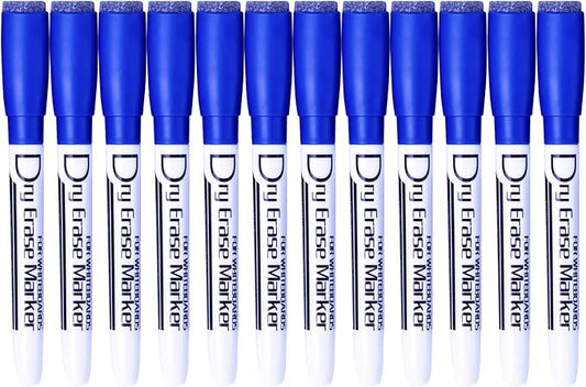 Volcanics Magnetic Dry Erase Markers With Eraser Cap Low Odor Fine Tip Whiteboard Pens Markers for Kids Thin Box of 12, Blue