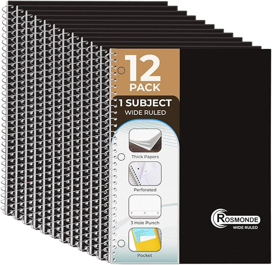 1 Subject Spiral Notebook, 12 Pack, Wide Ruled, Water Resistant Cover, Thick 140 Pages/Book (70 Sheets), 8 x 10-1/2, 3 Hole, Bulk School & Office, Black Cover