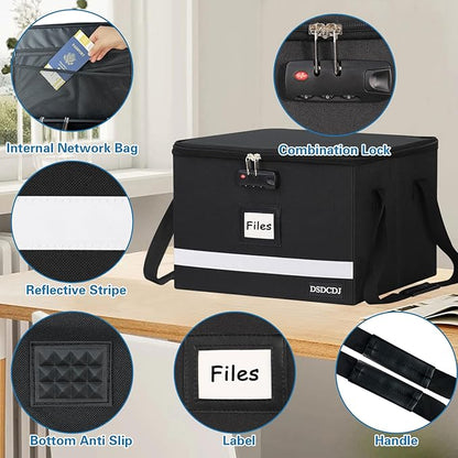 File Box with Lock - Portable File Box with Handle, Sturdy Important Document Organizer with Label, Slide, Reflective Strip for Hanging Letter/Legal Folder
