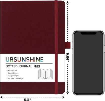 Dotted Journal/Notebook - Dot Grid Hard Cover Notebook, Premium Thick Paper with Fine Inner Pocket, Black Smooth Faux Leather, Pen Loop, 5.3'' x 8.26'' - Burgundy
