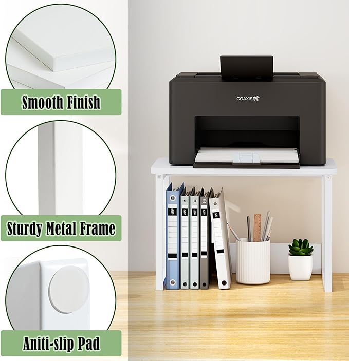 MARTY Printer Stand with Storage for Desk, Desktop Printer Stand Shelf Organzier for Home/Office Heavy Duty Printer Riser Under Desk Small Printer Table for Fax Machine Copier Scanner(White)