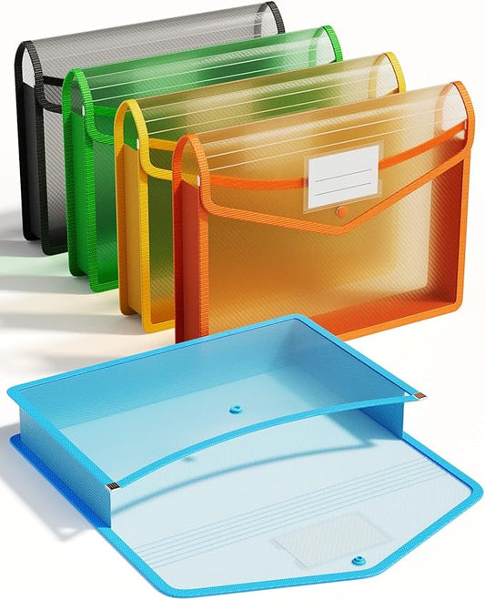 ThinkTex Plastic Expanding File Folder, Transparent envelopes with Snap Closure, No Dividers, Large Capacity, Assorted Colors, Fit Letter/A4 Size - 5 Packs