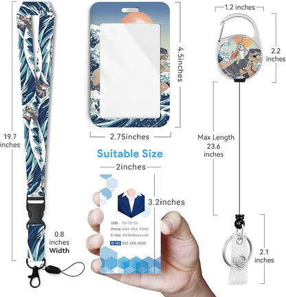 Funny Surfing Cat Badge Holder with Retractable Reel and Breakaway Lanyard，Badge Clips Retractable Heavy Duty Badge Reel，ID Holder with Breakaway Lanyard for School Nurse Office Teen