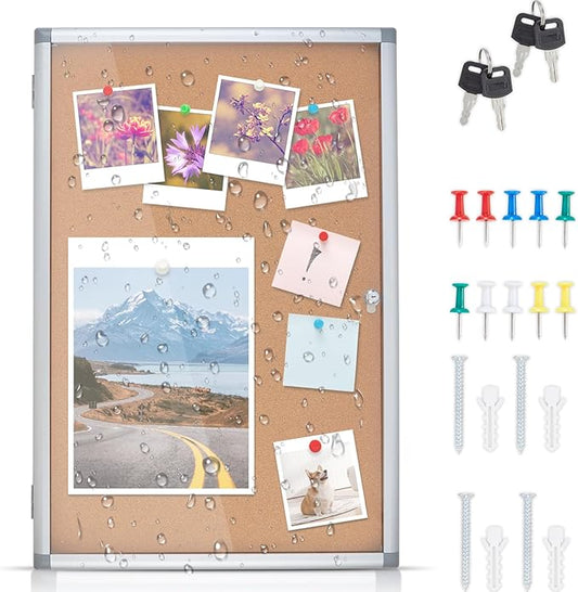 Outdoor Enclosed Cork Bulletin Board Tamper-Proof Dispaly Case, Aluminium Frame, Weatherproof Cork Noticeboard, Enclosed Cork Board for School, Office, Restaurant, Hospital etc（38 * 28inches）