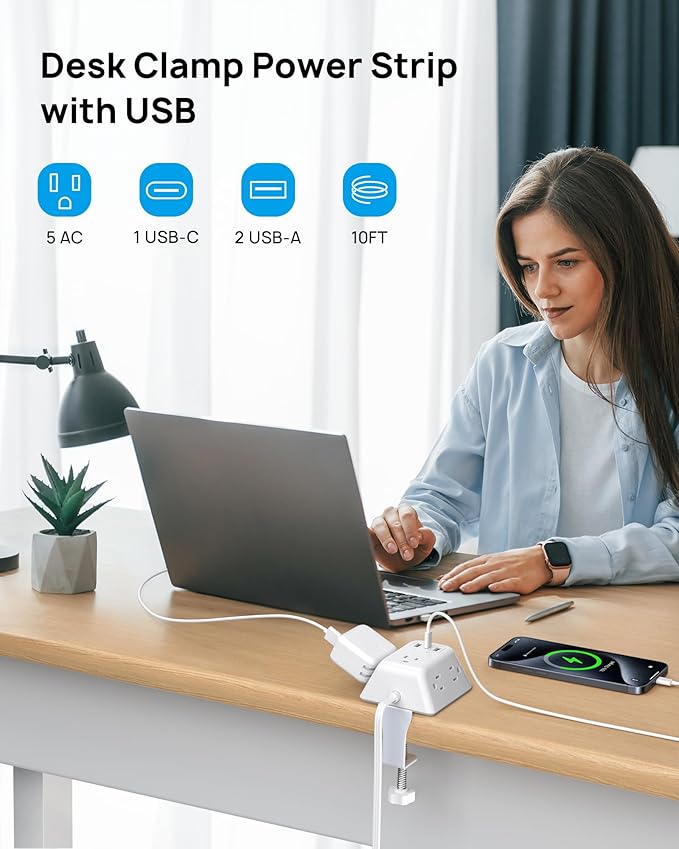 Desk Clamp Power Strip, Surge Protector with 5 AC Outlets and 3 USB Ports, Desk Mount Charging Station, Fit 1.97in Tabletop Edge Thick, 10FT Extension Cord, for Home Office Gaming Accessories