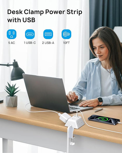 Desk Clamp Power Strip, Surge Protector with 5 AC Outlets and 3 USB Ports, Desk Mount Charging Station, Fit 1.97in Tabletop Edge Thick, 10FT Extension Cord, for Home Office Gaming Accessories
