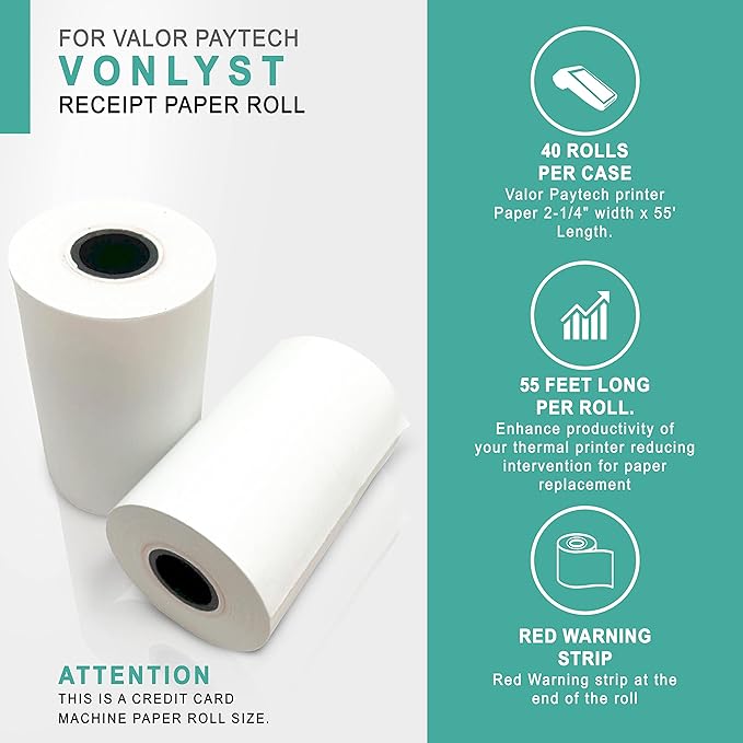 Receipt Paper Roll for Valor Paytech VL 110 and VL 500 Credit Card Machine (40 Rolls)