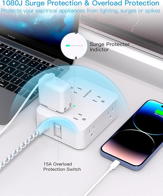 10 Ft Surge Protector Power Strip, Extension Cord with 8 AC Outlets 4 USB (2 USB C) Ports, Flat Plug, Wall Mount Desk USB Charging Station for Home
