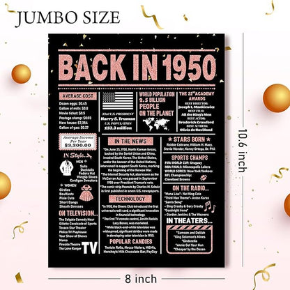 75th Birthday Card, 75th Birthday Decorations Women, 75th Birthday Gifts for Mom, Back in 1950 Birthday Card, Rose Gold