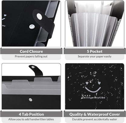 SKYDUE File Folder with 8 Labels, 5 Pockets Accordion Paper Organizer for School and Office，A4 Letter Size，Black