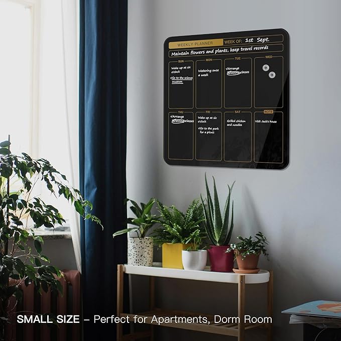 SELEAD Magnetic Glass Planning Board for Small Apartment - 18”x18” Dry Erase Whiteboard Weekly Planner Wall Calendar, Message Memo TODO Board for Home Kitchen, Black&Gold