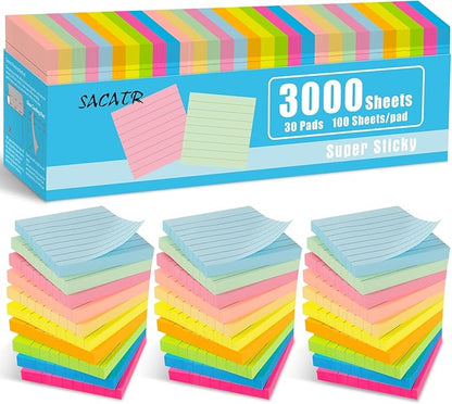 30 Pads Lined Sticky Notes, Sticky Note Pads 3x3 inches, 10 Bright Color Sticky Notes with Lines Self-Stick Note Pads, Perfect for Office Home School(100 Sheet/Pad)
