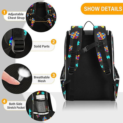 Autism Awareness Colorful Puzzle Backpack with Reflective Strip for Kids Boys Girls Elementary School Bag Removable Chest Strap