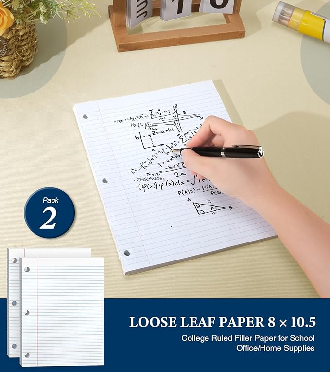 Loose Leaf Paper, Notebook Paper, 8 x 10.5 College Ruled Paper, 3 Hole Punch Binder Paper, Lined Paper for 3 Ring Binders, College Ruled Paper, 100 Sheets/Pack Filler Paper (2 Pack)