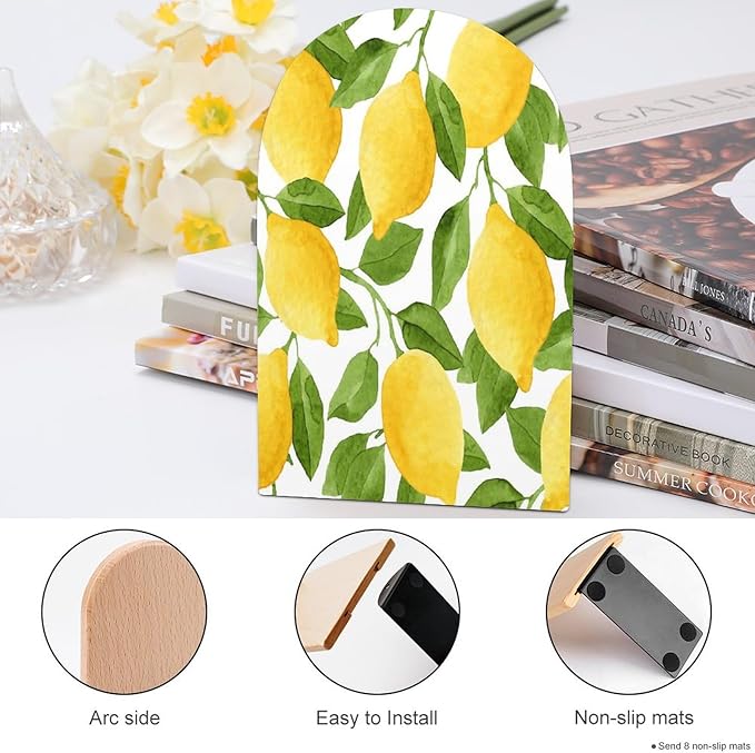 Lemon Tree Leaves Wooden Large Book Ends Bookends for Shelves, 2 Pack Non-Skid Bookends for Heave Books, Book Stoppers Holders for Kitchen Office Library, 6.7x4.7x3.9in