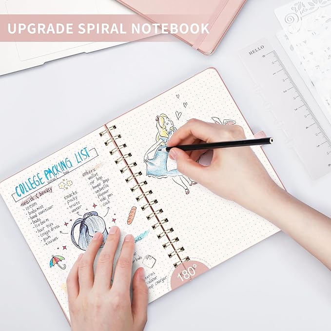 AHGXG Bullet Dotted Journal Spiral Notebook 8.5" x 11", Large A4 Leather Hardcover Dotted Notebook, 100 GSM Thick Dot Grid Paper, Inner Pocket, for Bullet Journaling, Rose Gold