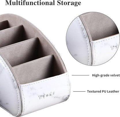 All-in-One Leather White TV Remote Holder with 5 Compartments Nightstand Desktop Media Player Remote Caddy Storage Box Organizer Tray for Mobile Phone Office Stationery