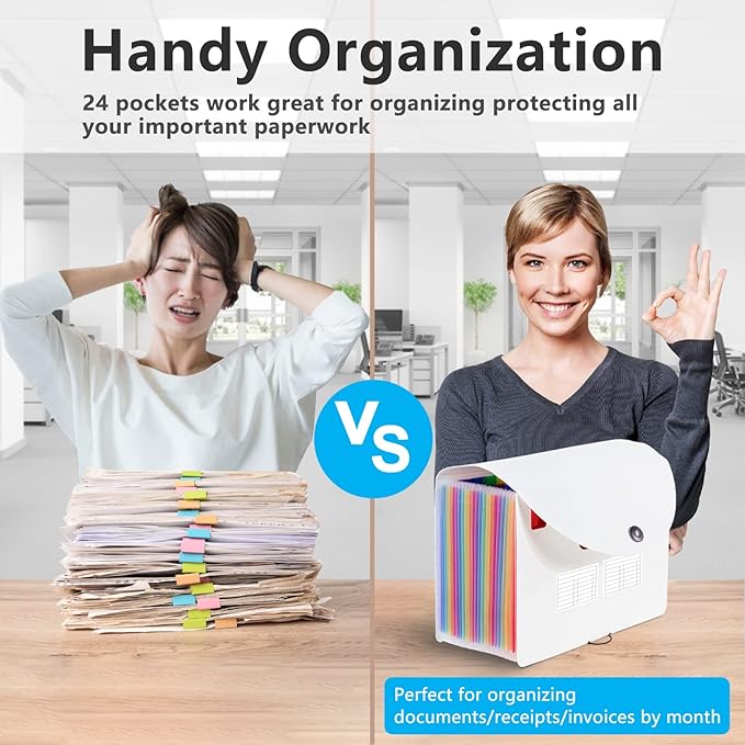 Sooez 24 Pockets Expanding File Folder with Blank Labels, According File Organizer with Expandable Cover, Desktop Accordion Folders Letter A4 Paper Document Storage Organizer, White