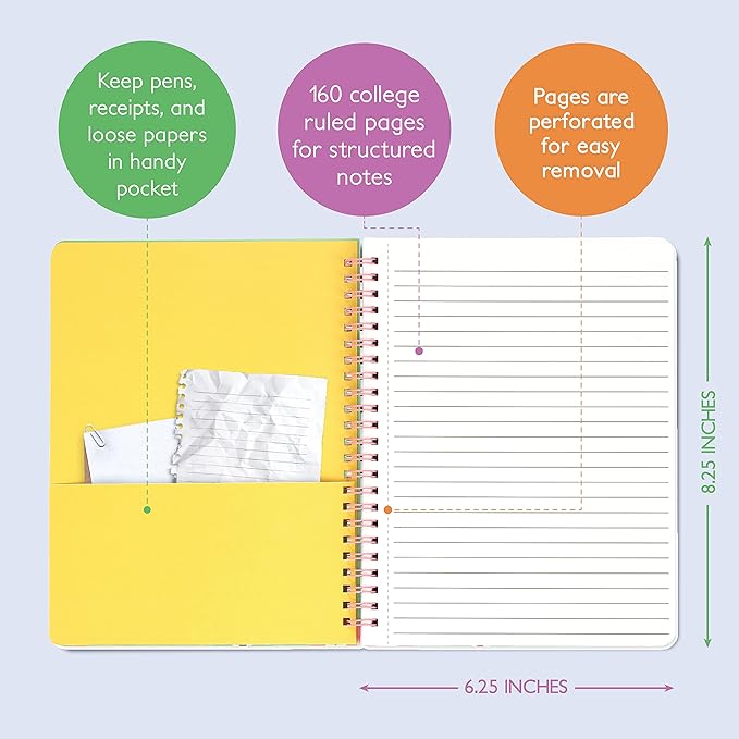 Sweetzer & Orange S&O Cute Spiral Notebooks - College Ruled Spiral Notebook with Pockets - Hardcover Notebook for Women - Cute Notebooks for School & Journal - 80 Double-Sided Pages, 6.25" x 8.25”