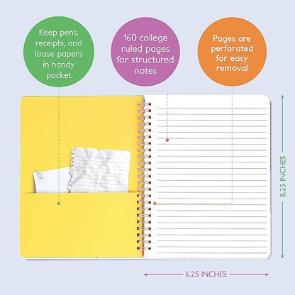Sweetzer & Orange S&O Cute Spiral Notebooks - College Ruled Spiral Notebook with Pockets - Hardcover Notebook for Women - Cute Notebooks for School & Journal - 80 Double-Sided Pages, 6.25" x 8.25”