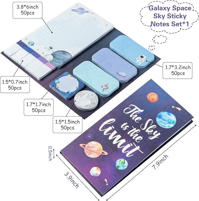The Sky is The Limit Sticky Notes Set, 550 Sheets, Outer Space Galaxy Planet Pattern Self-Stick Notes Pads Divider Tabs Bundle Writing Memo Pads Back to School Office Supplies Small Gift