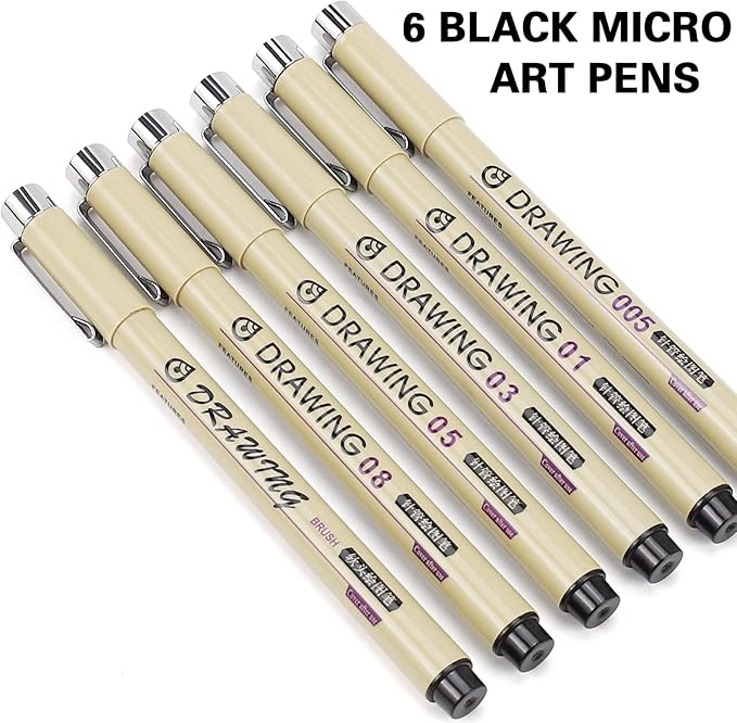 Muchcute Micro Fineliner Drawing Art Pens: 6 Black Fine Line Waterproof Ink Set Artist Supplies Archival Inking Markers Pigment Liner Journaling Sketch Outline Manga Anime Gifts Sketching Watercolor
