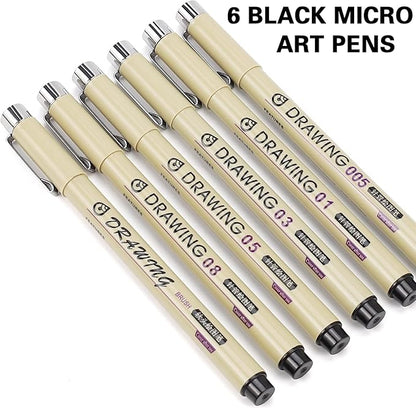 Muchcute Micro Fineliner Drawing Art Pens: 6 Black Fine Line Waterproof Ink Set Artist Supplies Archival Inking Markers Pigment Liner Journaling Sketch Outline Manga Anime Gifts Sketching Watercolor