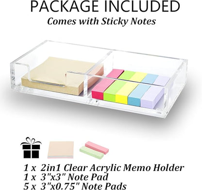 Sticky Notes Holder 2in1 Memo Pad Dispenser,7.8" x 3.9" x 1.4" Clear Desk Supplies Organizer Accessories for Office Home School Post Bank (DP013)
