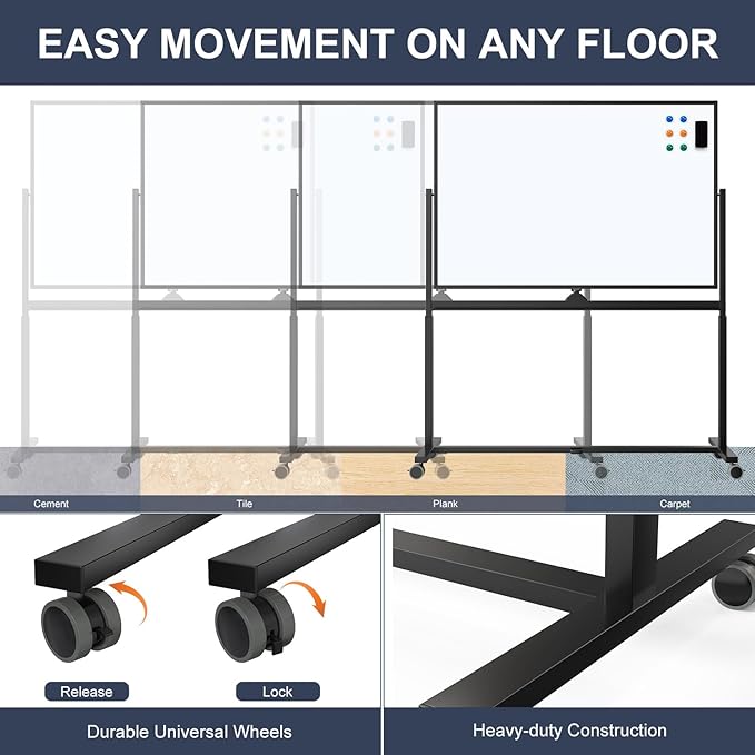 Rolling Whiteboard, 48 x 32 Inches Magnetic White Board with Stand, Double-Sided Large Standing Dry Erase Board on Wheels, Height-Adjustable Mobile Dry Erase Board for Office, Home, Classroom