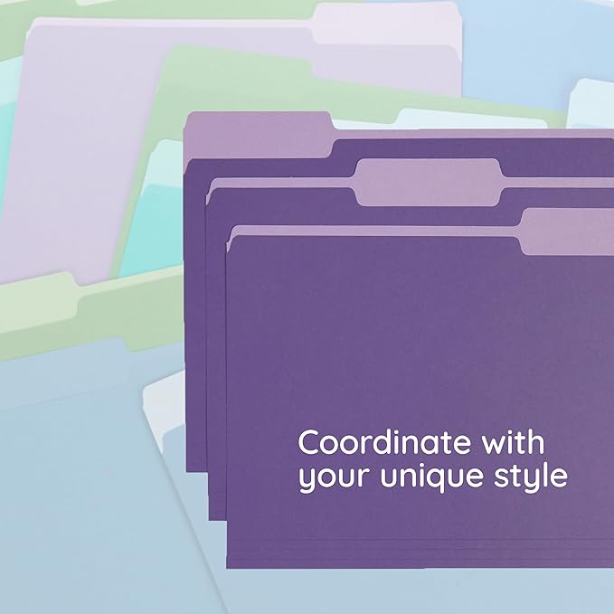 100 Blue Summit Supplies Purple File Folders Letter Size 1/3 Cut, Two-Tone Purple Folders, Durable 11pt Paper, Assorted Tabs, Holds Letter Size Documents