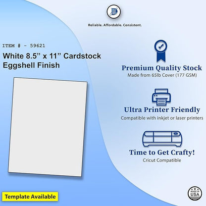 8.5" x 11" Cardstock - White Artist Eggshell Finish - 65lb Cover (177 gsm) - (100 Sheets) - Works on Inkjet or Laser Printers - Great for Cards, Menu's, Posters, Covers