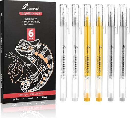 6 Colors Gel Pen Set - Gold, Silver & White Gel Ink Pens for Artists